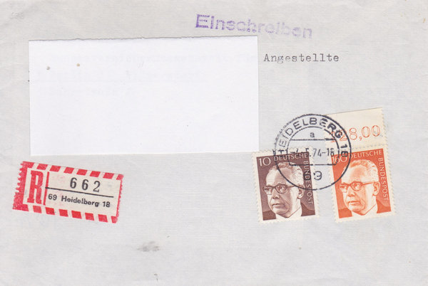 BUND 636, 692 Einschreibebrief <Gustav Heinemann> mit Tagesstempel Heidelberg vom 04-05-1974