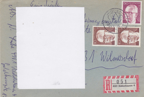 BUND 636, 730 Einschreibebrief <Gustav Heinemann> mit Tagesstempel Hiddenhausen vom 27-08-1973