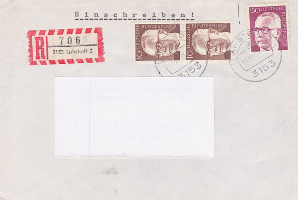 BUND 636, 730 Einschreibebrief <Gustav Heinemann> mit Tagesstempel Lahstedt 2 vom 24-12-1973