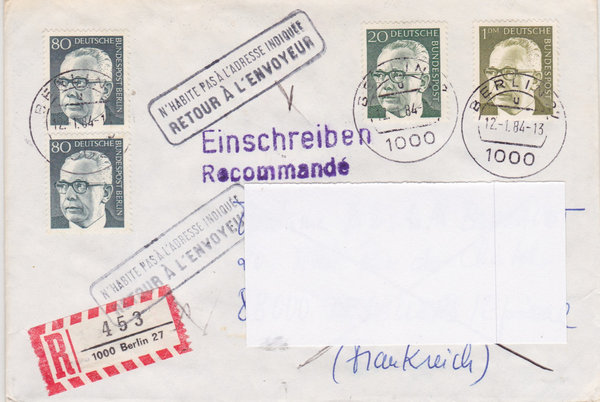 BUND 637, 642 (2x), 644 Einschreibebrief <Gustav Heinemann> Tagesstempel Berlin 27 vom 12-01-1984