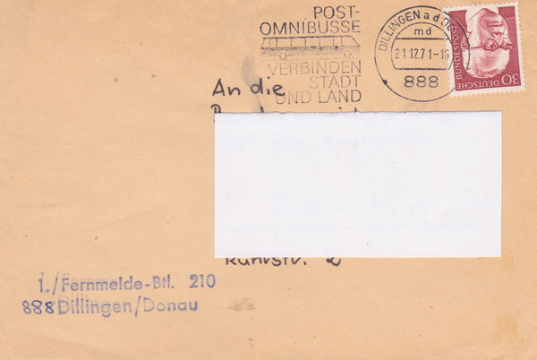 BUND 638 Standardbrief <Gustav Heinemann> mit Tagesstempel Dillingen a d Donau vom 21-12-1971
