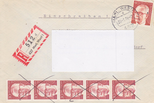 BUND 638 (5x), 639 Einschreibebrief <Gustav Heinemann> mit Tagesstempel Marl (West.) vom 20-03-1974