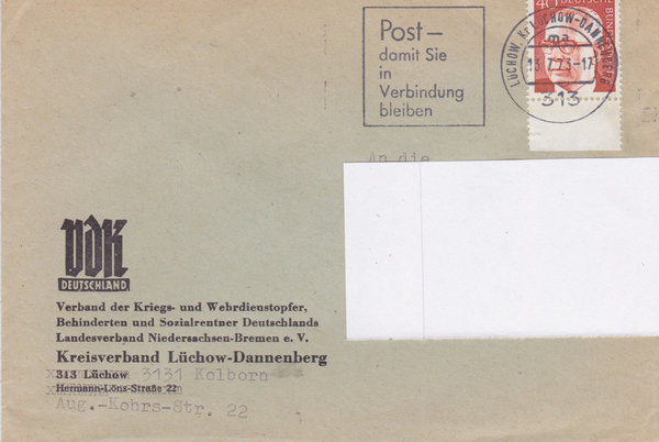 BUND 639 Standardbrief <Gustav Heinemann> mit Tagesstempel Lüchow/Dannenberg vom 13-07-1973