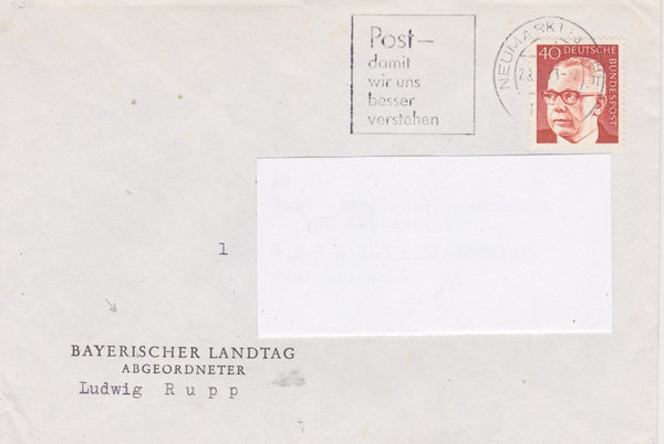 BUND 639 Standardbrief <Gustav Heinemann> mit Tagesstempel Neumarkt vom 23-09-1973