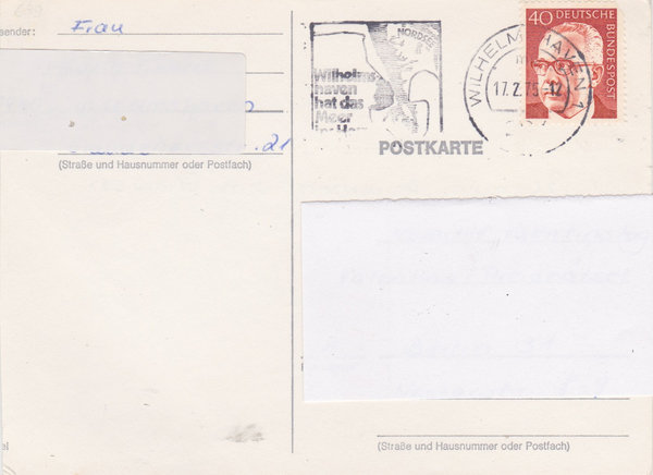 BUND 639 Standard-Postkarte <Gustav Heinemann> mit Tagesstempel Wilhelmshaven 1 vom 17-02-1975