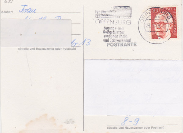 BUND 639 Standard-Postkarte <Gustav Heinemann> mit Tagesstempel Offenburg 1 vom 23-01-1975
