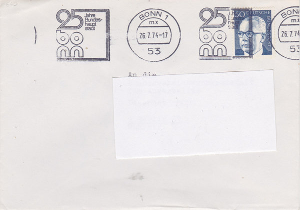 BUND 640 Standardbrief <Gustav Heinemann> mit Tagesstempel Bonn vom 26-07-1974