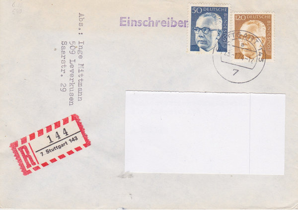 BUND 640, 691 Einschreibebrief <Gustav Heinemann> mit Tagesstempel Stuttgart 143 vom 23-01-1974