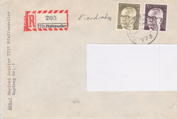 BUND 641, 644 Einschreibebrief <Gustav Heinemann> Tagesstempel Villingen-Schwenningen 09-08-1973