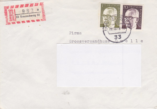 BUND 641, 644 Einschreibebrief <Gustav Heinemann> mit Tagesstempel Braunschweig vom 20-10-1973