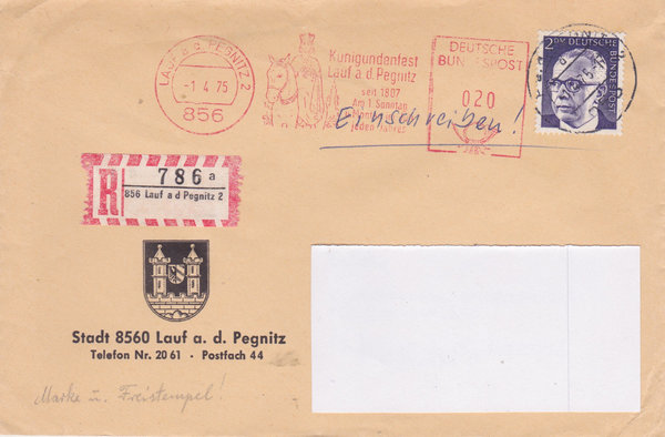 BUND 645 Einschreibebrief <Gustav Heinemann> mit Tagesstempel Lauf a d Pegnitz vom 01-04-1975