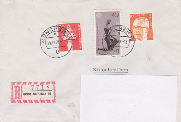 BUND 692, 805, 848 Einschreibebrief <Gustav Heinemann> mit Tagesstempel München 19-12-1978