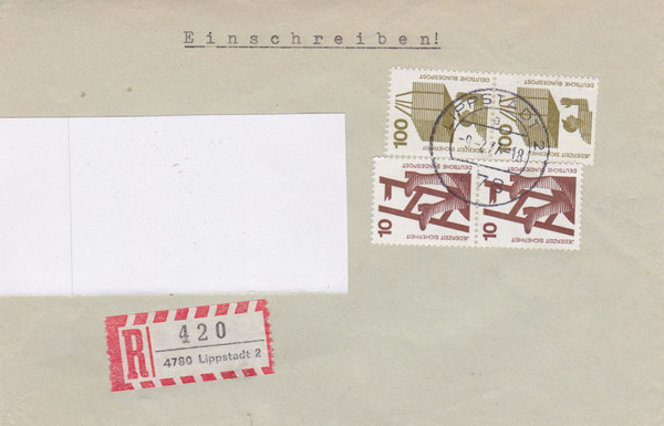 BUND 695 (2x), 702 (2x) Einschreibebrief <Unfallverhütung> mit Tagesstempel Lippstadt vom 09-02-1977