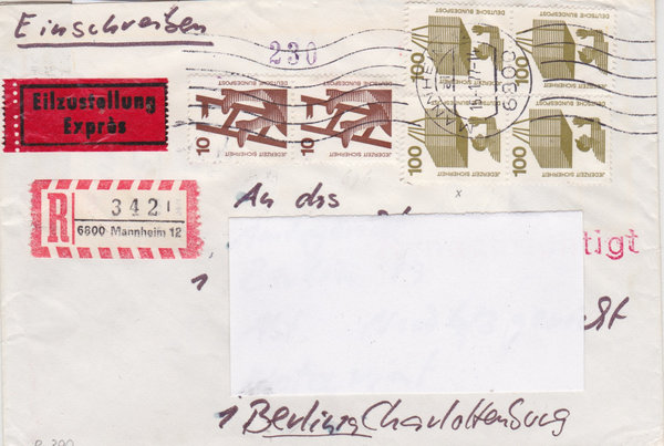 BUND 695 (2x), 702 (4x) Express-Einschreibebrief <Unfallverhütung> Tagesstempel Mannheim 15-01-1977