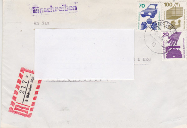 BUND 696, 702, 773 Einschreibebrief <Unfallverhütung> Tagesstempel München 906 vom 09-03-1976