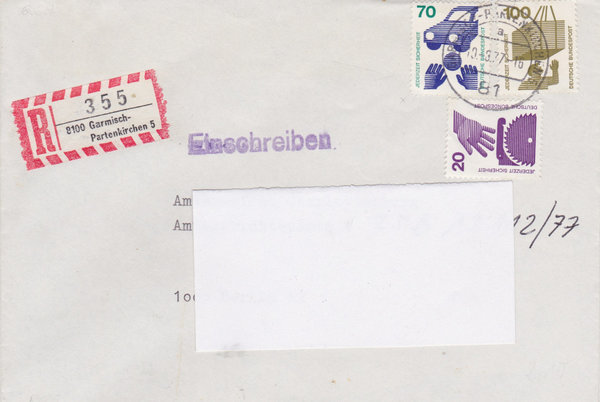 BUND 696, 702, 773 Einschreibebrief <Unfallverhütung> Tagesstempel München 906 vom 09-03-1976