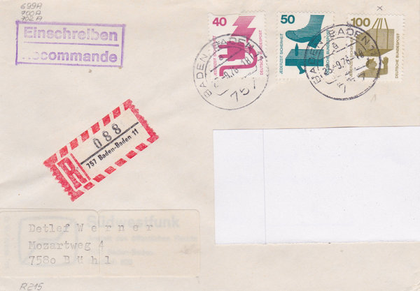 BUND 699, 700, 702 Einschreibebrief <Unfallverhütung> mit Tagesstempel Baden-Baden vom 23-09-1976