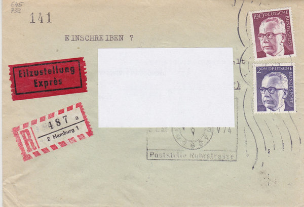 BUND 645, 732 Express-Einschreibebrief <Gustav Heinemann> Tagesstempel Hamburg 1 vom 30-12-1974