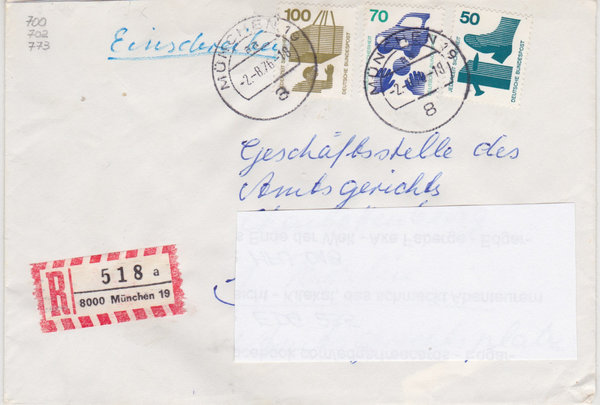 BUND 700 (5x) Express-Einschreibebrief <Unfallverhütung> mit Tagesstempel München vom 02-08-1976