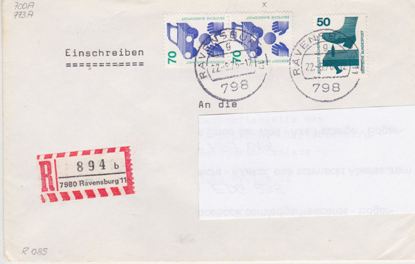 BUND 700, 773 (2x) Einschreibebrief <Unfallverhütung> mit Tagesstempel Ravensburg vom 22-06-1976