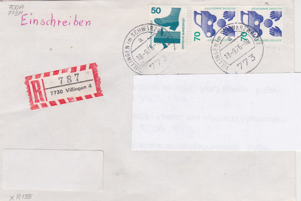 BUND 700, 773 (2x) Einschreibebrief <Unfallverhütung> mit Tagesstempel Villingen vom 18-09-1976