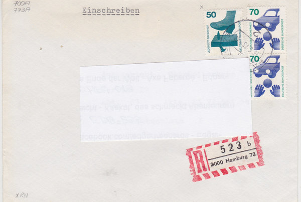 BUND 700, 773 (2x) Einschreibebrief <Unfallverhütung> mit Tagesstempel Hamburg vom 15-05-1976