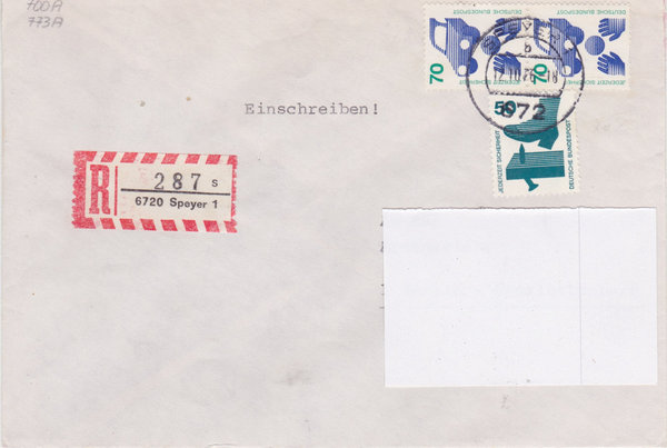 BUND 700, 773 (2x) Einschreibebrief <Unfallverhütung> mit Tagesstempel Speyer vom 12-10-1976