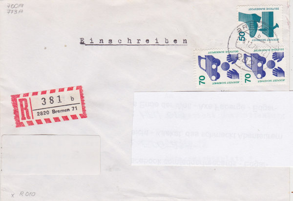 BUND 700, 773 (2x) Einschreibebrief <Unfallverhütung> mit Tagesstempel Bremen vom 03-12-1976