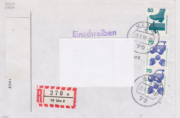 BUND 700, 773 (2x) Einschreibebrief <Unfallverhütung> mit Tagesstempel Ulm vom 23-07-1976