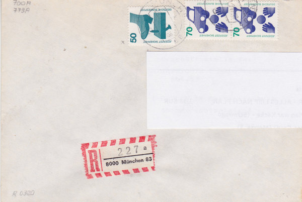 BUND 700, 773 (2x) Einschreibebrief <Unfallverhütung> mit Tagesstempel München vom 22-01-1977