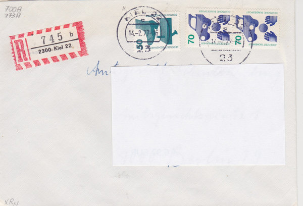 BUND 700, 773 (2x) Einschreibebrief <Unfallverhütung> mit Tagesstempel Kiel vom 14-02-1977