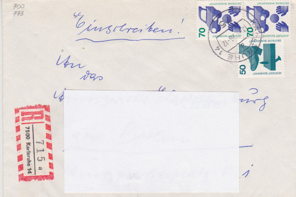BUND 700, 773 (2x) Einschreibebrief <Unfallverhütung> mit Tagesstempel Karlsruhe vom 17-07-1976