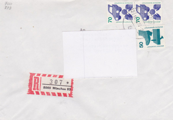 BUND 700, 773 (2x) Einschreibebrief <Unfallverhütung> mit Tagesstempel München vom 16-03-1977