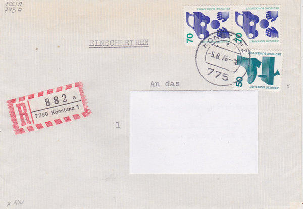 BUND 700, 773 (2x) Einschreibebrief <Unfallverhütung> mit Tagesstempel Konstanz vom 05-08-1976