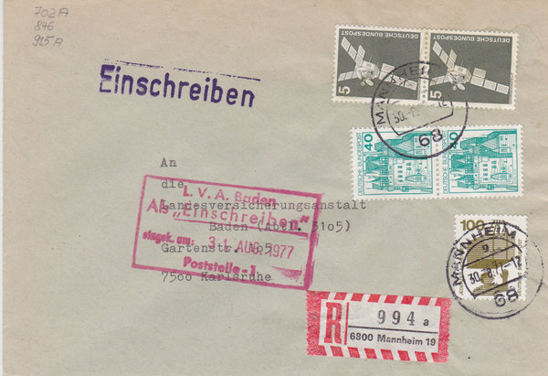 BUND 702, 846, 915 Einschreibebrief <Unfallverhütung> mit Tagesstempel Mannheim vom 30-08-1977