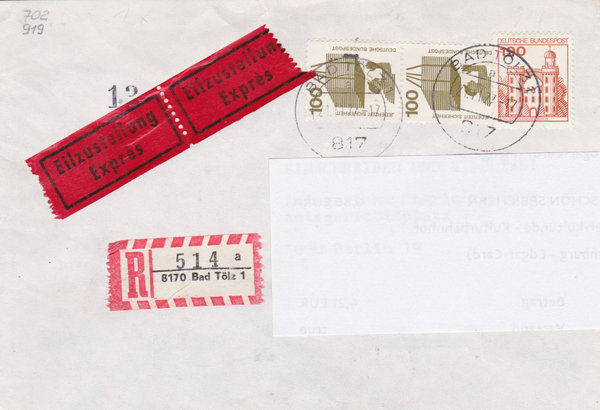 BUND 702, 919 Express-Einschreibebrief <Unfallverhütung> Tagesstempel Solingen vom 21-11-1977