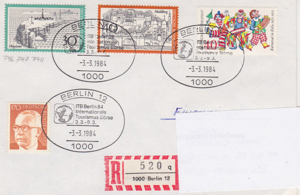 BUND 731, 746-748 Einschreibebrief <Gustav Heinemann> mit Sonderstempel Berlin 12 vom 03-03-1984