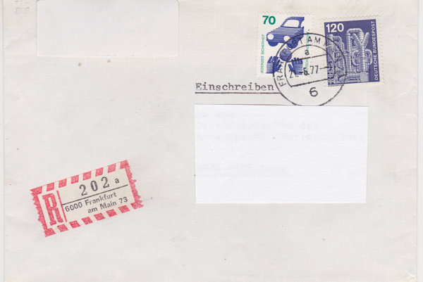 BUND 773, 855 Einschreibebrief <Unfallverhütung ua> Tagesstempel Frankfurt am Main 21-06-1977