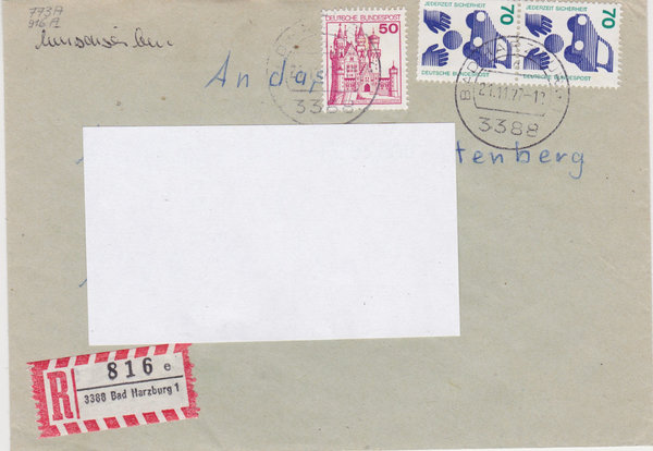 BUND 773, 916 Einschreibebrief <Unfallverhütung ua> Tagesstempel Bad Harzburg vom 21-11-1977