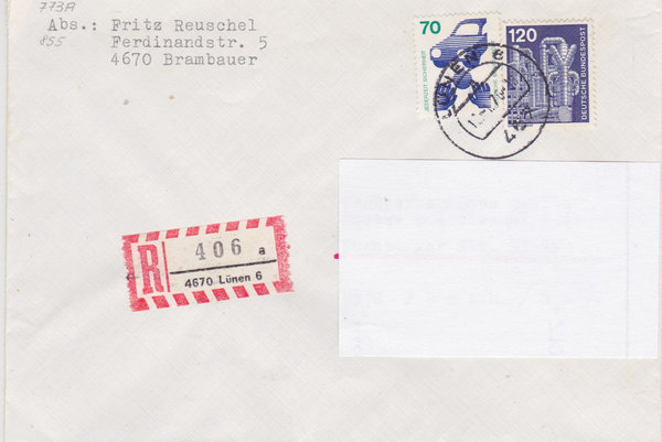 BUND 773, 855 Einschreibebrief <Unfallverhütung ua> mit Tagesstempel Lünen 6 vom 18-01-1976