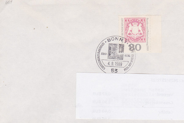 BUND 601 Standard-Ersttagsbrief <Philatelistentag> mit Sonderstempel Bonn 1 vom 04-09-1969