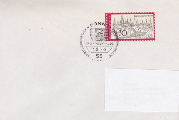BUND 603 Standard-Ersttagsbrief <Fremdenverkehr> mit Sonderstempel Bonn vom 04-09-1969