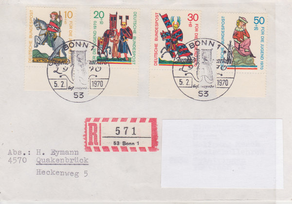 BUND 612-615 Standard-Ersttagsbrief <Jugend, Minnesänger> mit Sonderstempel Bonn vom 05-02-1970