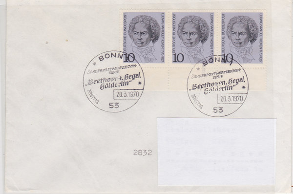 BUND 616 (3x) Standard-Ersttagsbrief <Beethoven, Hegel, Hölderlin> Sonderstempel Bonn 20-03-1970