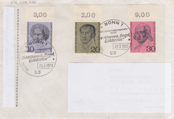 BUND 616-618 Standard-Ersttagsbrief <Beethoven, Hegel, Hölderlin> Sonderstempel Bonn 20-03-1970