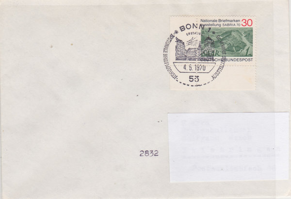 BUND 619 Standard-Ersttagsbrief <Briefmarkenausst. SABRIA> Sonderstempel Bonn 1 vom 04-05-1970