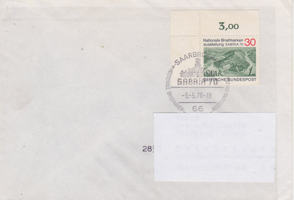 BUND 619 Standard-Ersttagsbrief <Briefmarkenausst. SABRIA> Sonderstempel Saarbrücken 03-05-1970