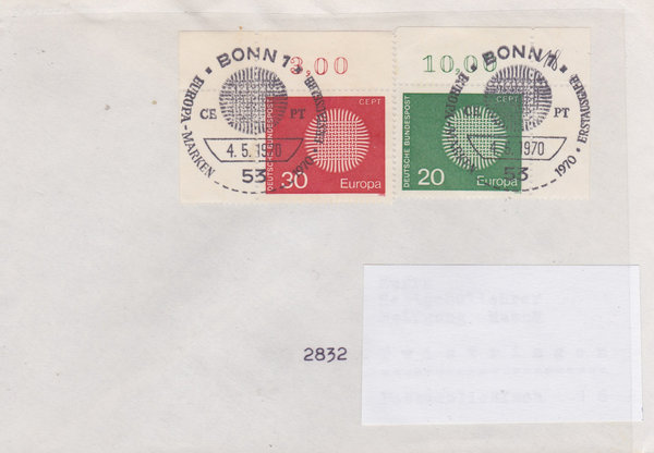 BUND 620, 621 Standard-Ersttagsbrief <Europa 1970> mit Ersttags-Sonderstempel Bonn vom 04-05-1970