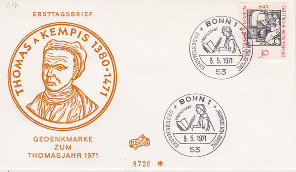 BUND 674 Ersttagsbrief FDC <Thomas von Kempen> mit Ersttags-Sonderstempel Bonn vom 03-05-1971