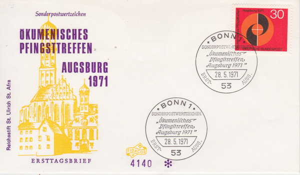 BUND 679 Ersttagsbrief FDC <Ökumenisches Pfingsttreffen> Ersttags-Sonderstempel Bonn 28-05-1971
